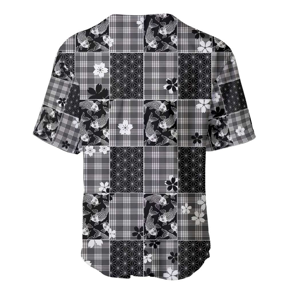 Black Palaka Japanese Patterns Baseball Jersey Koi Fish Asanoha Sakura Patchwork Stylized - Polynesian Pride