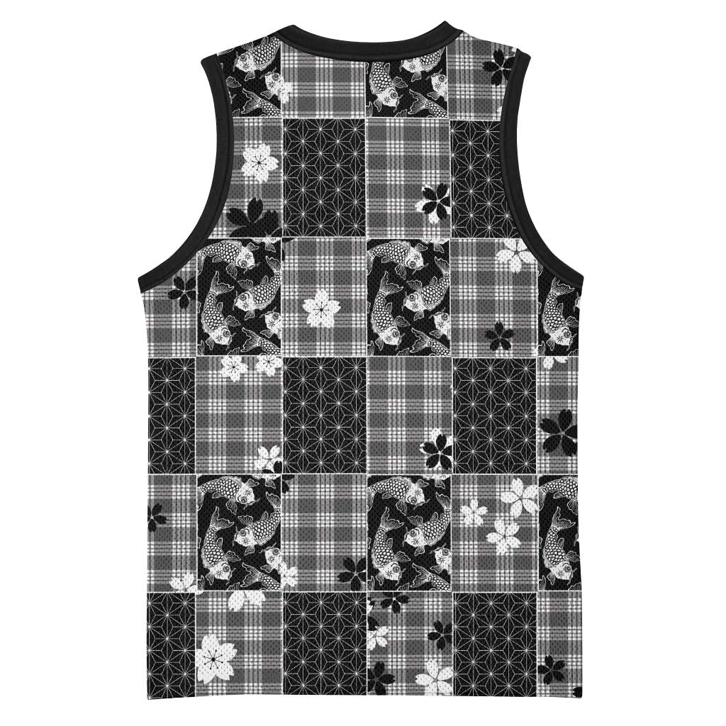 Black Palaka Japanese Patterns Basketball Jersey Koi Fish Asanoha Sakura Patchwork Stylized - Polynesian Pride
