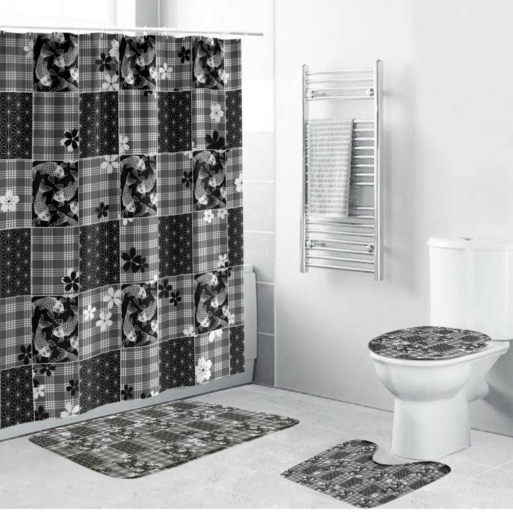 Black Palaka Japanese Patterns Bathroom Set Koi Fish Asanoha Sakura Patchwork Stylized LT14 Bathroom Set (4 pcs) Black - Polynesian Pride