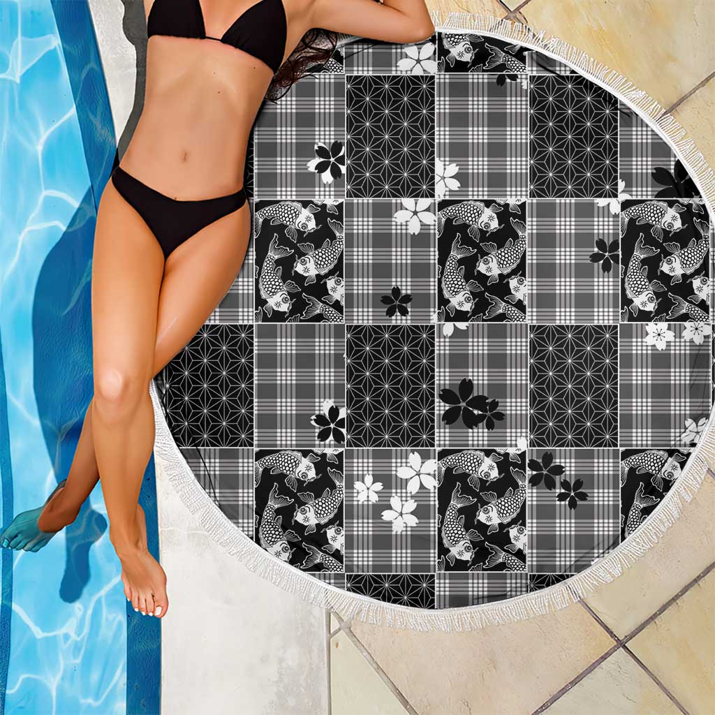 Black Palaka Japanese Patterns Beach Blanket Koi Fish Asanoha Sakura Patchwork Stylized - Polynesian Pride