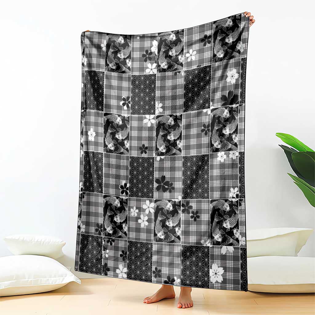 Black Palaka Japanese Patterns Blanket Koi Fish Asanoha Sakura Patchwork Stylized - Polynesian Pride