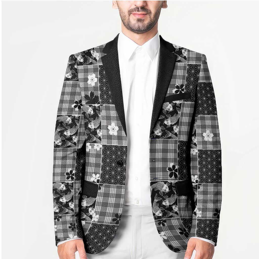 Black Palaka Japanese Patterns Blazer Koi Fish Asanoha Sakura Patchwork Stylized - Polynesian Pride