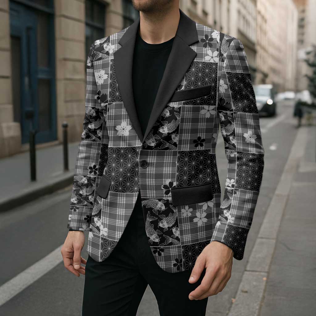 Black Palaka Japanese Patterns Blazer Koi Fish Asanoha Sakura Patchwork Stylized - Polynesian Pride