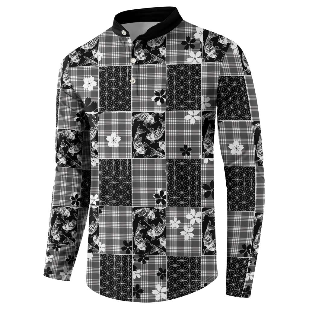 Black Palaka Japanese Patterns Button Sweatshirt Koi Fish Asanoha Sakura Patchwork Stylized - Polynesian Pride