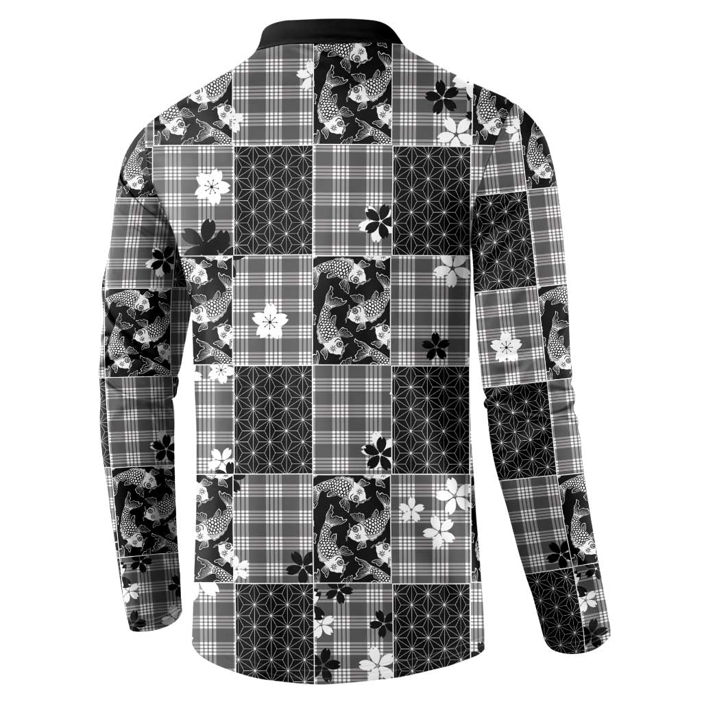 Black Palaka Japanese Patterns Button Sweatshirt Koi Fish Asanoha Sakura Patchwork Stylized - Polynesian Pride