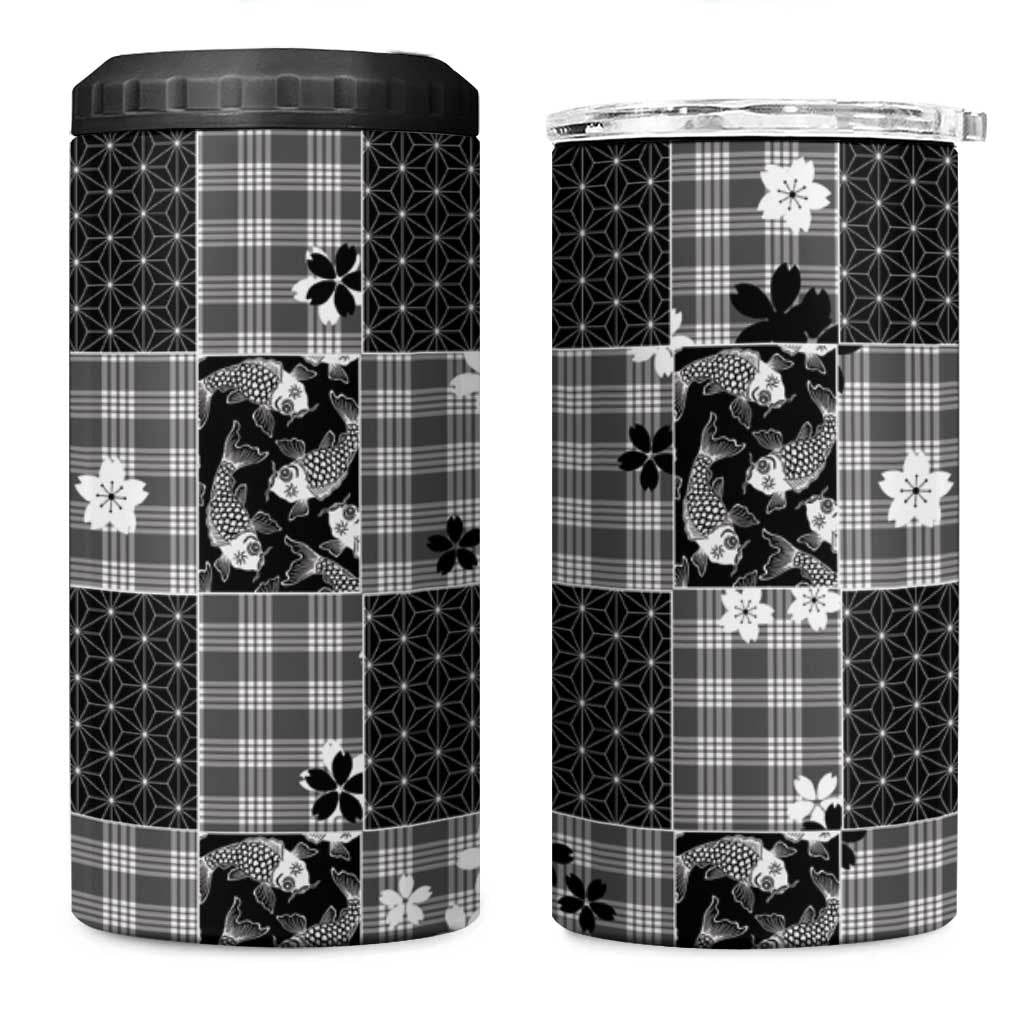 Black Palaka Japanese Patterns 4 in 1 Can Cooler Tumbler Koi Fish Asanoha Sakura Patchwork Stylized - Polynesian Pride
