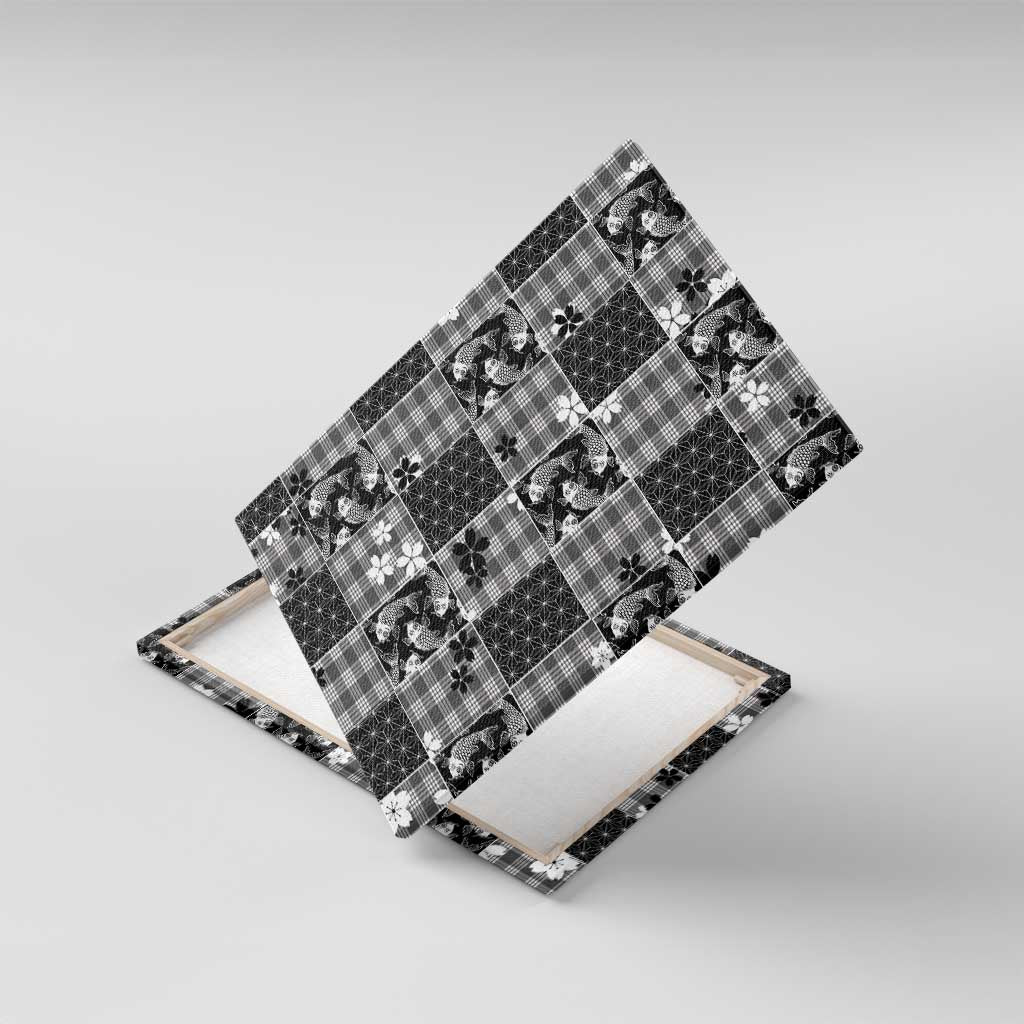 Black Palaka Japanese Patterns Canvas Wall Art Koi Fish Asanoha Sakura Patchwork Stylized - Polynesian Pride