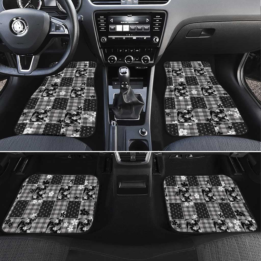 Black Palaka Japanese Patterns Car Mats Koi Fish Asanoha Sakura Patchwork Stylized - Polynesian Pride
