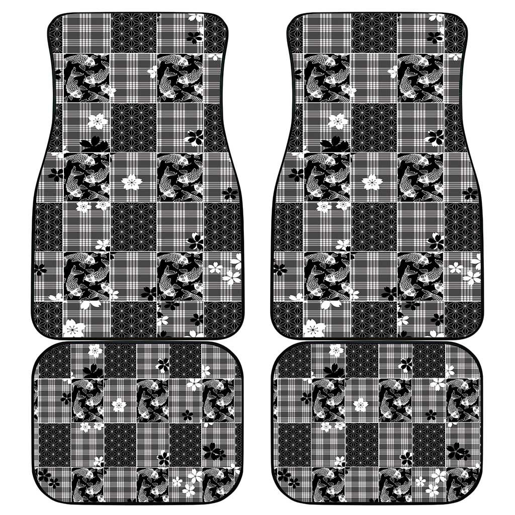 Black Palaka Japanese Patterns Car Mats Koi Fish Asanoha Sakura Patchwork Stylized - Polynesian Pride