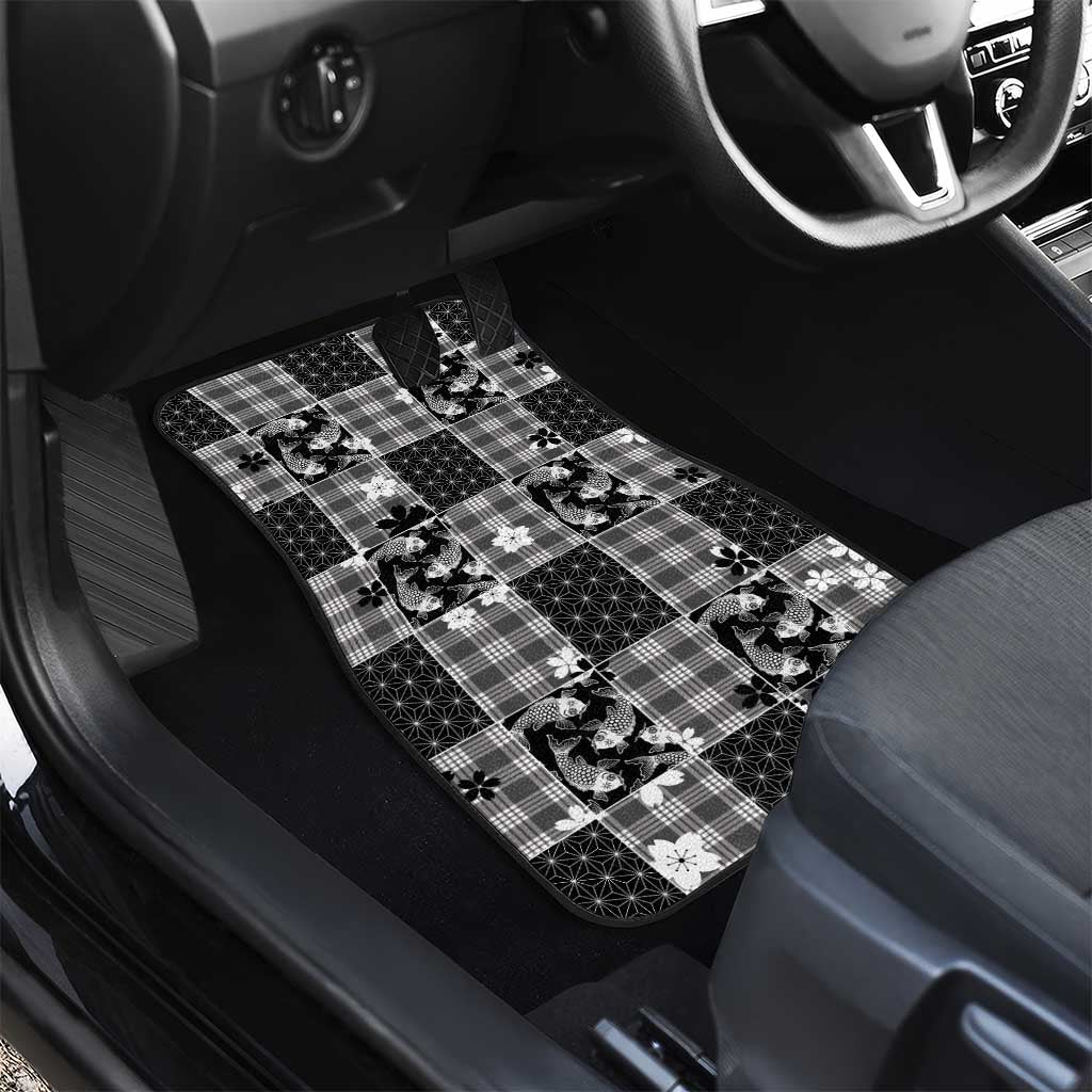 Black Palaka Japanese Patterns Car Mats Koi Fish Asanoha Sakura Patchwork Stylized - Polynesian Pride