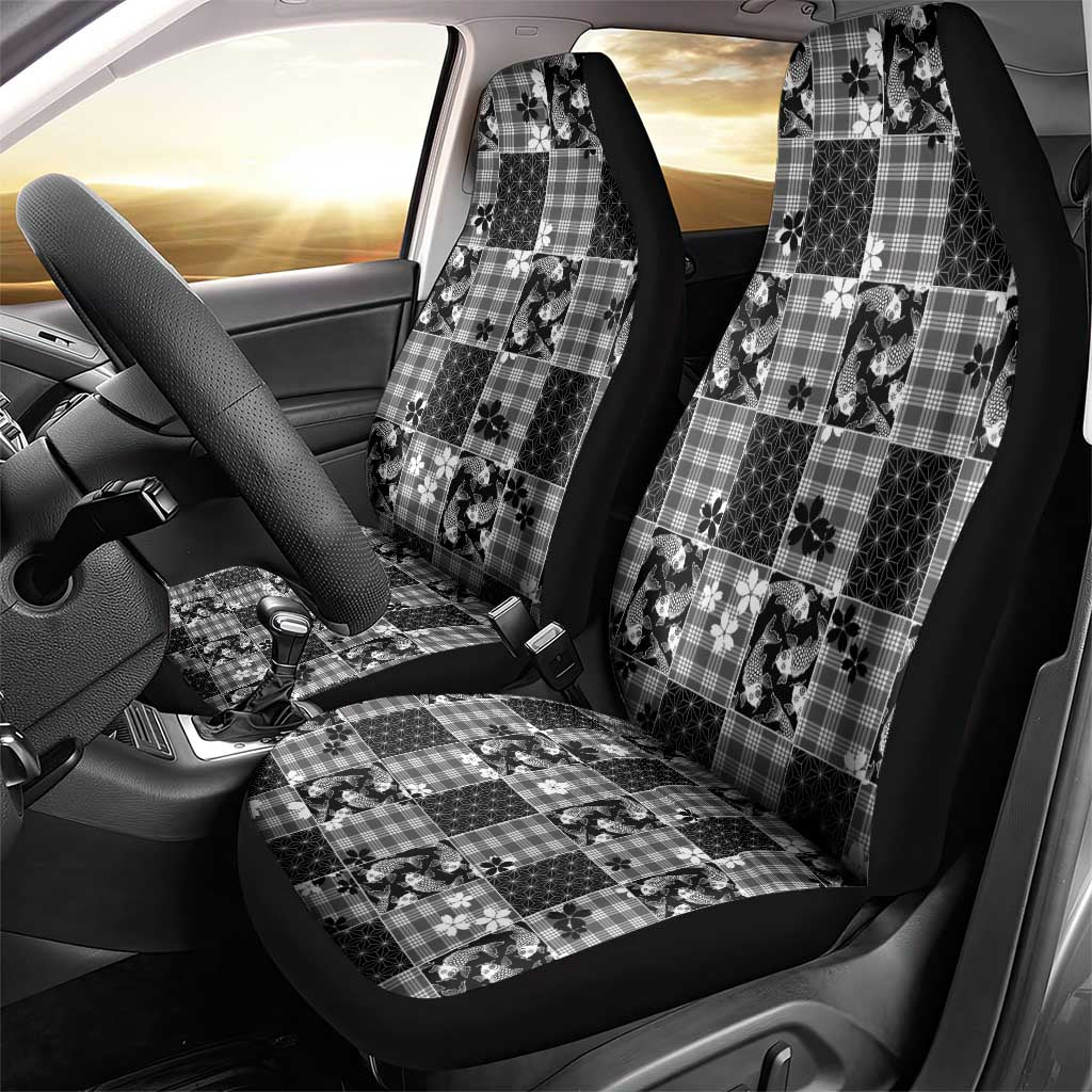 Black Palaka Japanese Patterns Car Seat Cover Koi Fish Asanoha Sakura Patchwork Stylized - Polynesian Pride