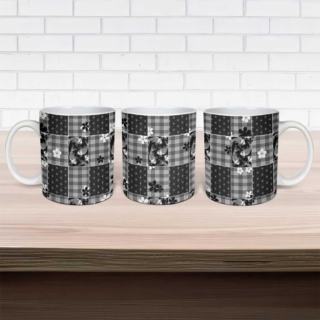 Black Palaka Japanese Patterns Ceramic Mug Koi Fish Asanoha Sakura Patchwork Stylized - Polynesian Pride