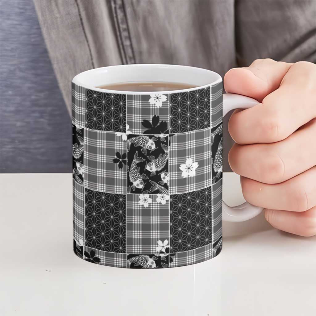 Black Palaka Japanese Patterns Ceramic Mug Koi Fish Asanoha Sakura Patchwork Stylized - Polynesian Pride