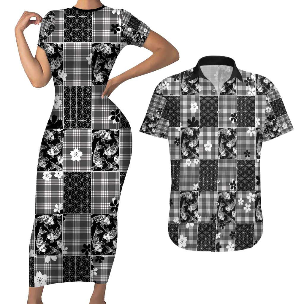 Black Palaka Japanese Patterns Couples Matching Short Sleeve Bodycon Dress and Hawaiian Shirt Koi Fish Asanoha Sakura Patchwork Stylized - Polynesian Pride