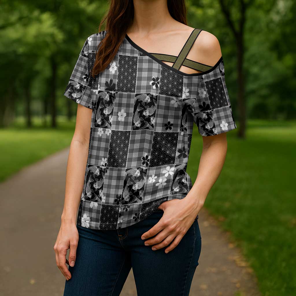Black Palaka Japanese Patterns Cross Shoulder Shirt Koi Fish Asanoha Sakura Patchwork Stylized LT14 - Polynesian Pride