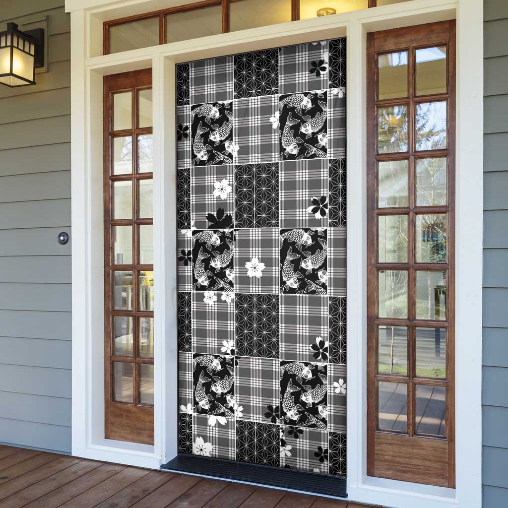 Black Palaka Japanese Patterns Door Cover Koi Fish Asanoha Sakura Patchwork Stylized - Polynesian Pride