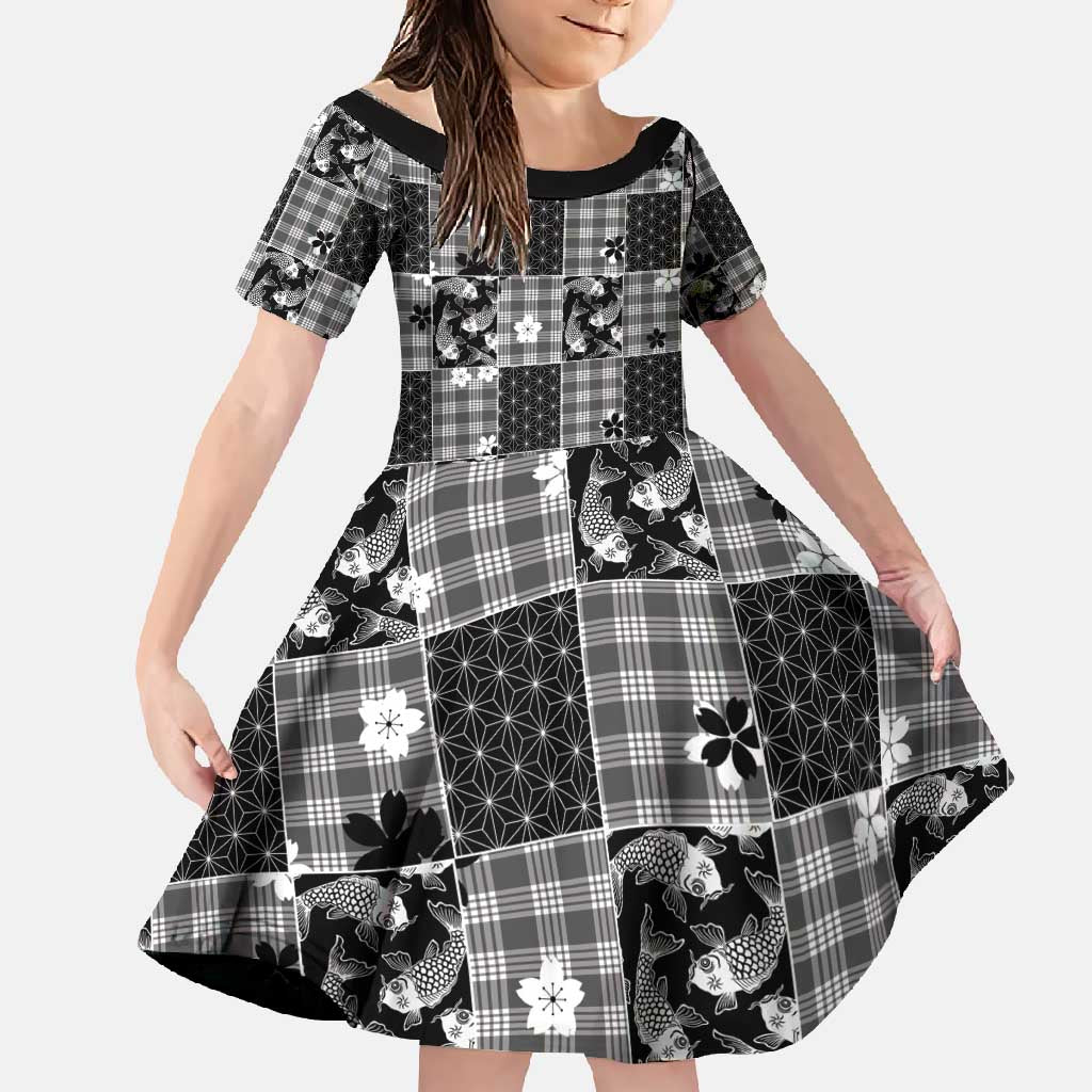 Black Palaka Japanese Patterns Family Matching Long Sleeve Bodycon Dress and Hawaiian Shirt Koi Fish Asanoha Sakura Patchwork Stylized - Polynesian Pride