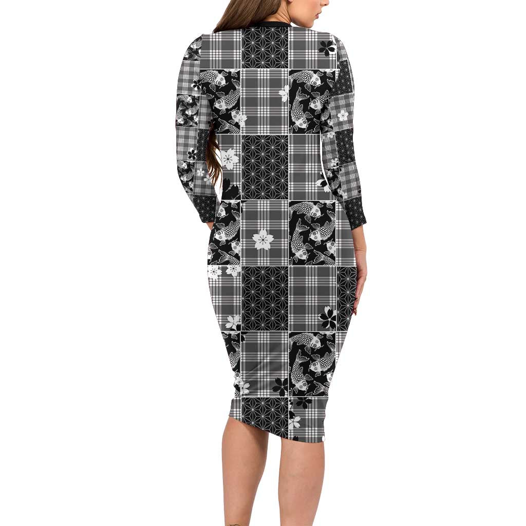 Black Palaka Japanese Patterns Family Matching Long Sleeve Bodycon Dress and Hawaiian Shirt Koi Fish Asanoha Sakura Patchwork Stylized - Polynesian Pride