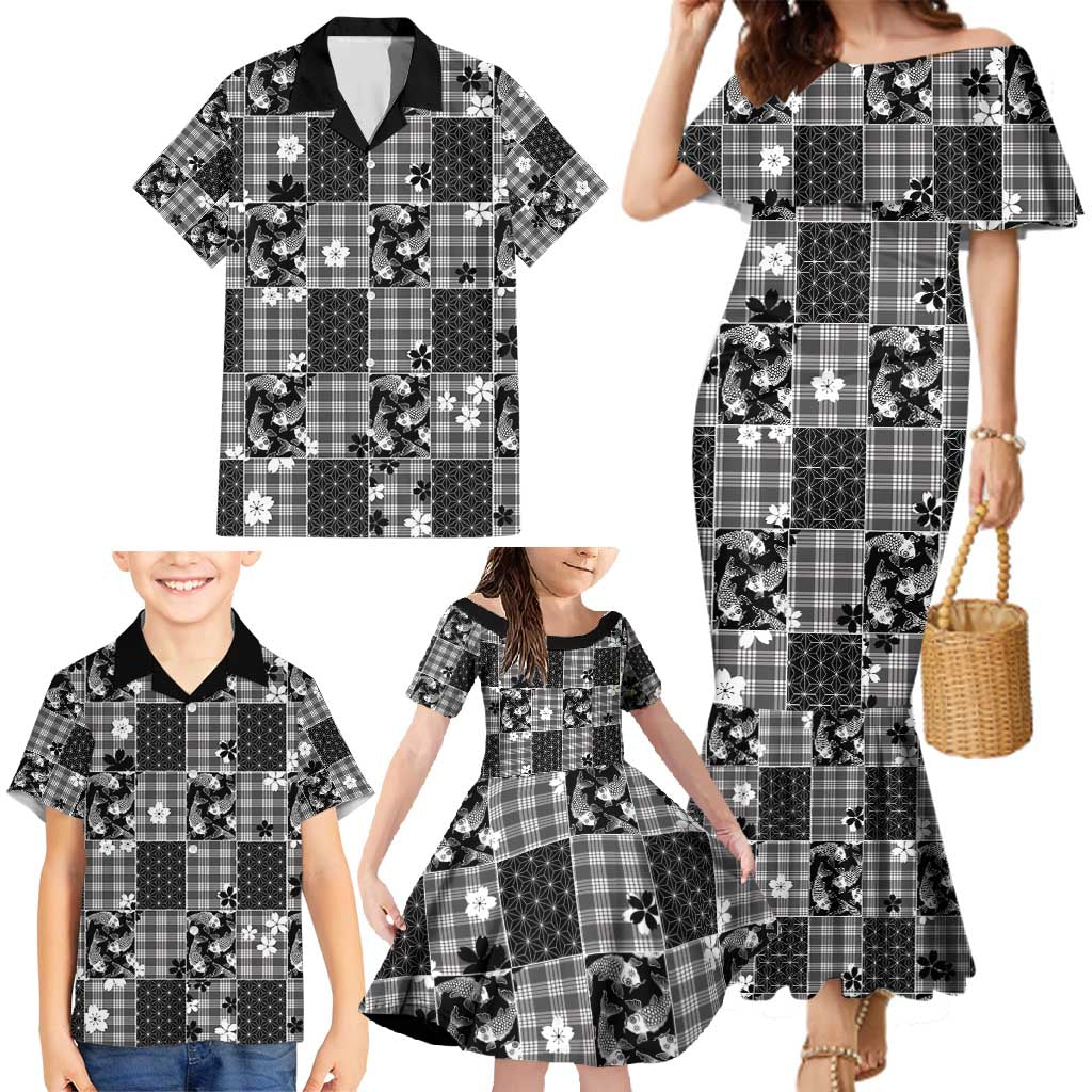 Black Palaka Japanese Patterns Family Matching Mermaid Dress and Hawaiian Shirt Koi Fish Asanoha Sakura Patchwork Stylized - Polynesian Pride