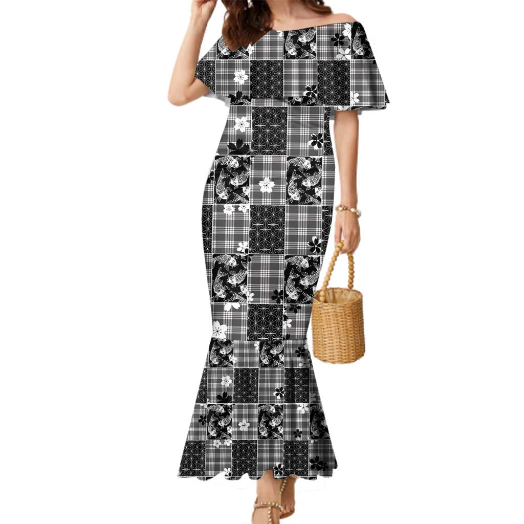 Black Palaka Japanese Patterns Family Matching Mermaid Dress and Hawaiian Shirt Koi Fish Asanoha Sakura Patchwork Stylized - Polynesian Pride