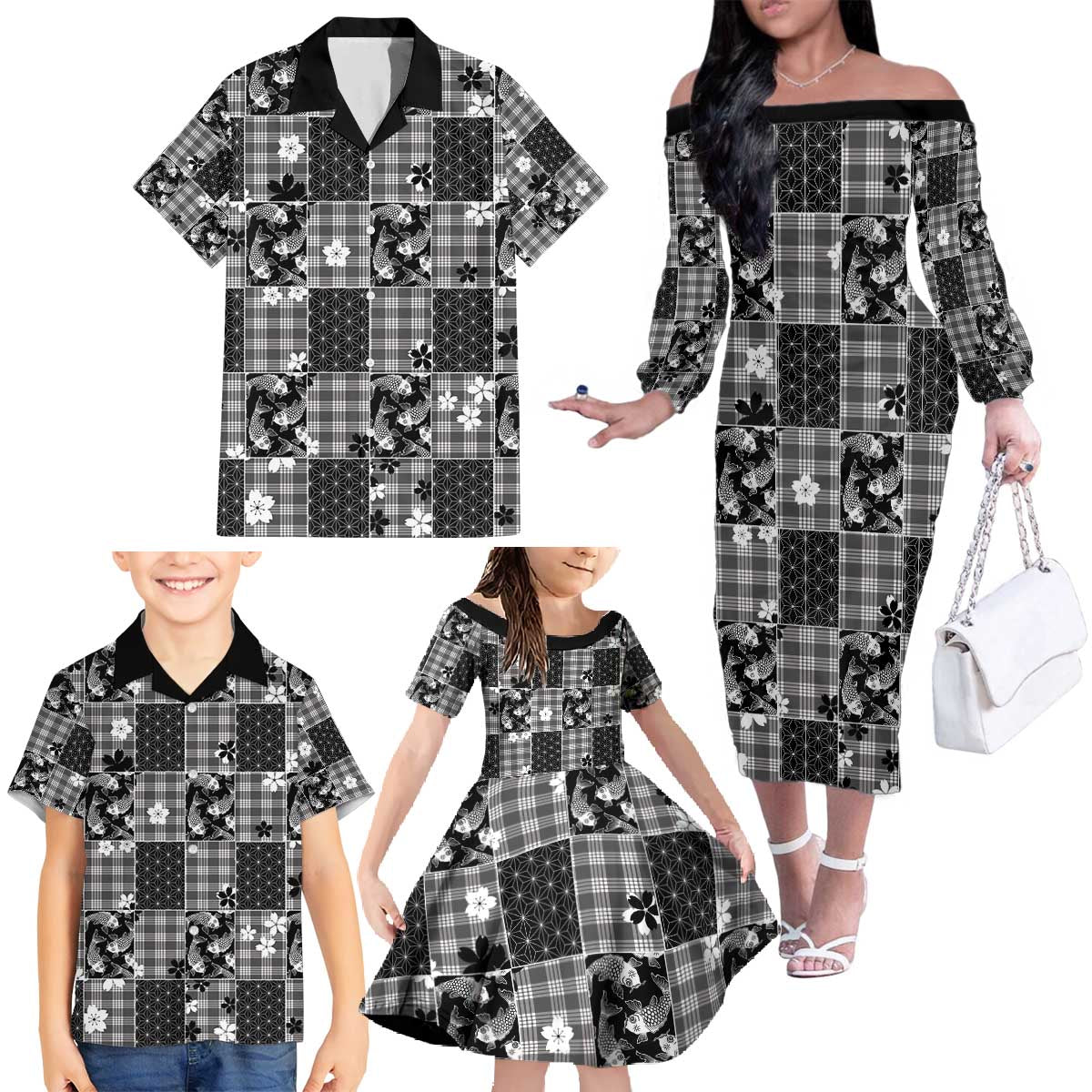 Black Palaka Japanese Patterns Family Matching Off The Shoulder Long Sleeve Dress and Hawaiian Shirt Koi Fish Asanoha Sakura Patchwork Stylized - Polynesian Pride