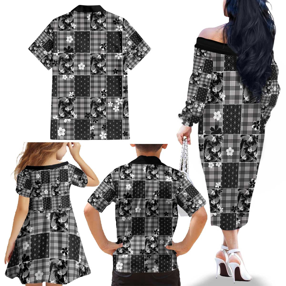 Black Palaka Japanese Patterns Family Matching Off The Shoulder Long Sleeve Dress and Hawaiian Shirt Koi Fish Asanoha Sakura Patchwork Stylized - Polynesian Pride