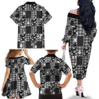 Black Palaka Japanese Patterns Family Matching Off The Shoulder Long Sleeve Dress and Hawaiian Shirt Koi Fish Asanoha Sakura Patchwork Stylized - Polynesian Pride