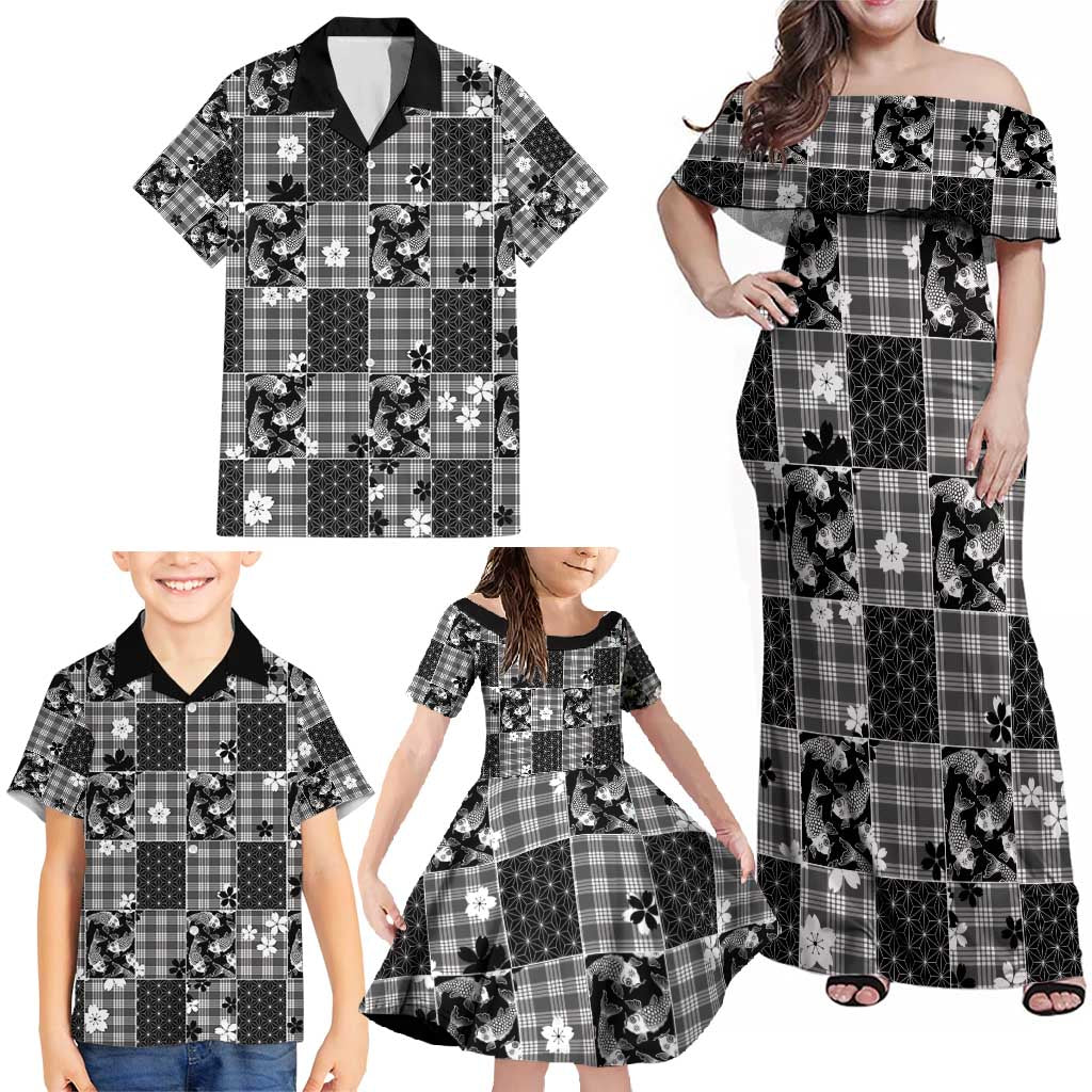 Black Palaka Japanese Patterns Family Matching Off Shoulder Maxi Dress and Hawaiian Shirt Koi Fish Asanoha Sakura Patchwork Stylized - Polynesian Pride