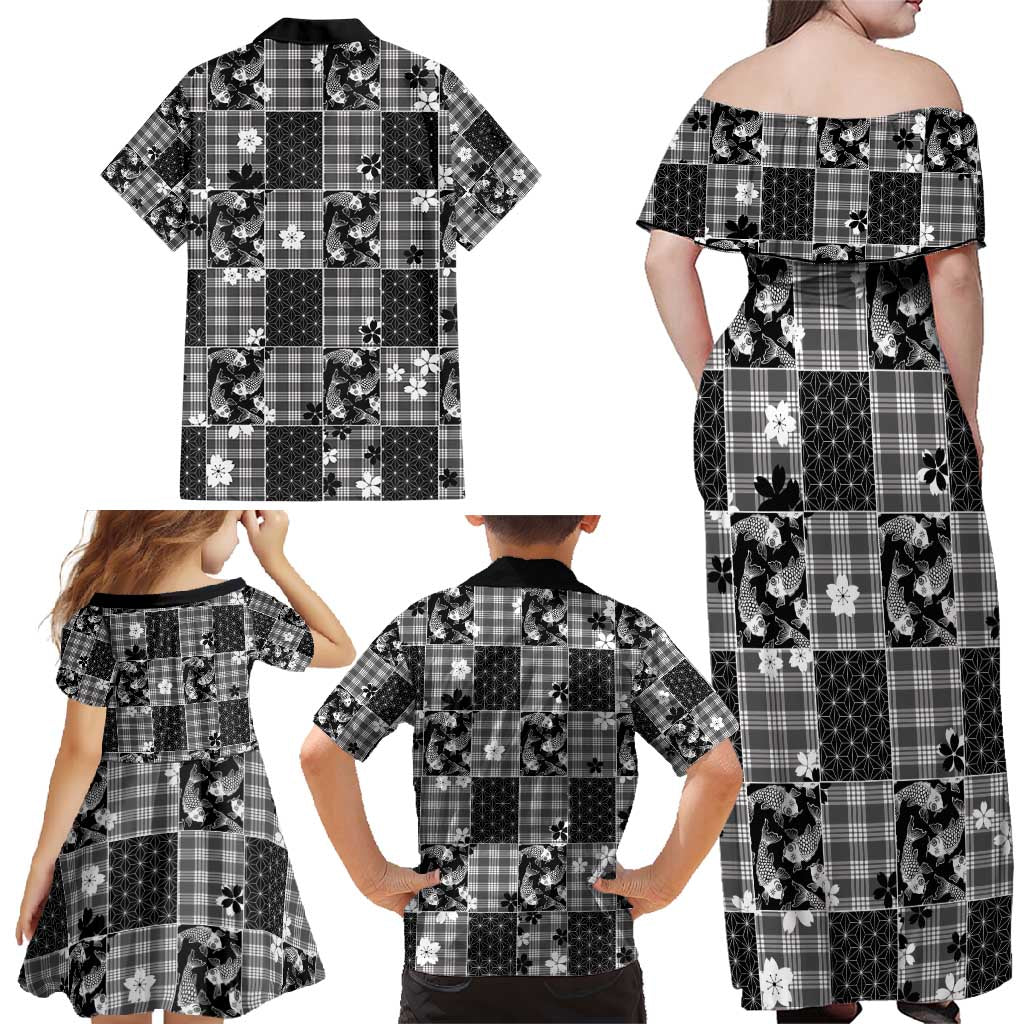Black Palaka Japanese Patterns Family Matching Off Shoulder Maxi Dress and Hawaiian Shirt Koi Fish Asanoha Sakura Patchwork Stylized - Polynesian Pride