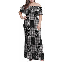 Black Palaka Japanese Patterns Family Matching Off Shoulder Maxi Dress and Hawaiian Shirt Koi Fish Asanoha Sakura Patchwork Stylized - Polynesian Pride