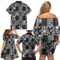 Black Palaka Japanese Patterns Family Matching Off Shoulder Short Dress and Hawaiian Shirt Koi Fish Asanoha Sakura Patchwork Stylized - Polynesian Pride