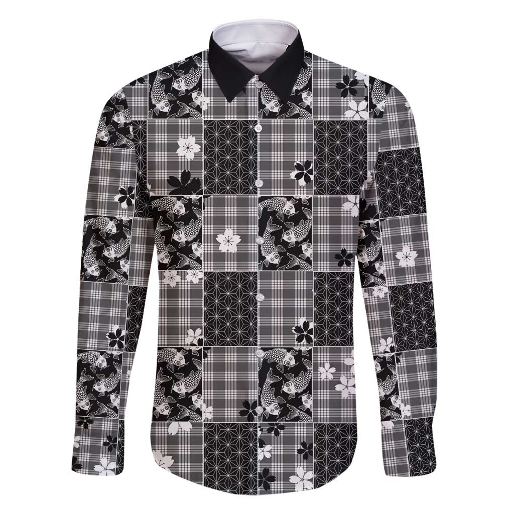 Black Palaka Japanese Patterns Family Matching Off Shoulder Short Dress and Hawaiian Shirt Koi Fish Asanoha Sakura Patchwork Stylized - Polynesian Pride