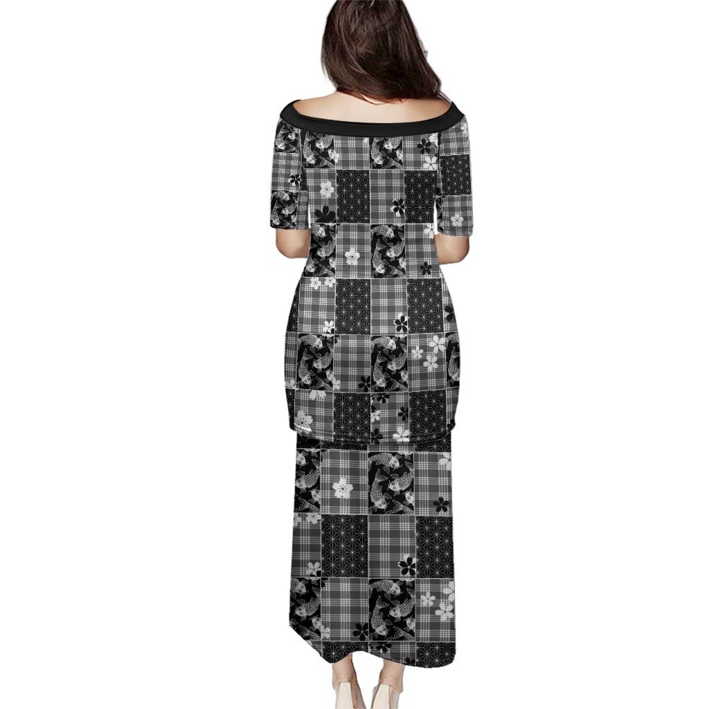 Black Palaka Japanese Patterns Family Matching Puletasi and Hawaiian Shirt Koi Fish Asanoha Sakura Patchwork Stylized - Polynesian Pride