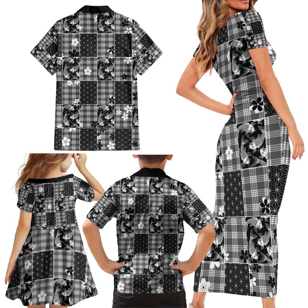 Black Palaka Japanese Patterns Family Matching Short Sleeve Bodycon Dress and Hawaiian Shirt Koi Fish Asanoha Sakura Patchwork Stylized - Polynesian Pride