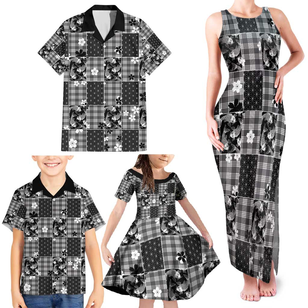 Black Palaka Japanese Patterns Family Matching Tank Maxi Dress and Hawaiian Shirt Koi Fish Asanoha Sakura Patchwork Stylized - Polynesian Pride