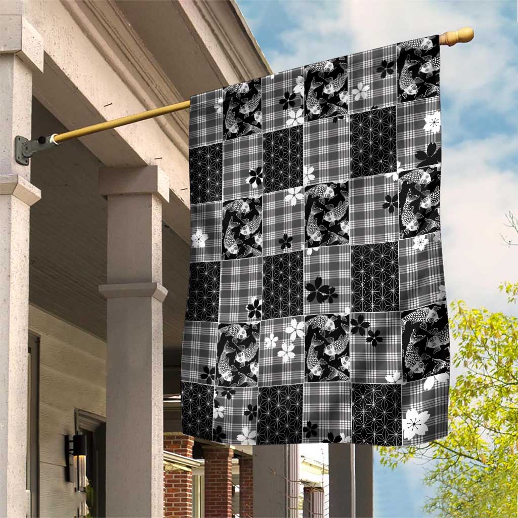 Black Palaka Japanese Patterns Garden Flag Koi Fish Asanoha Sakura Patchwork Stylized - Polynesian Pride