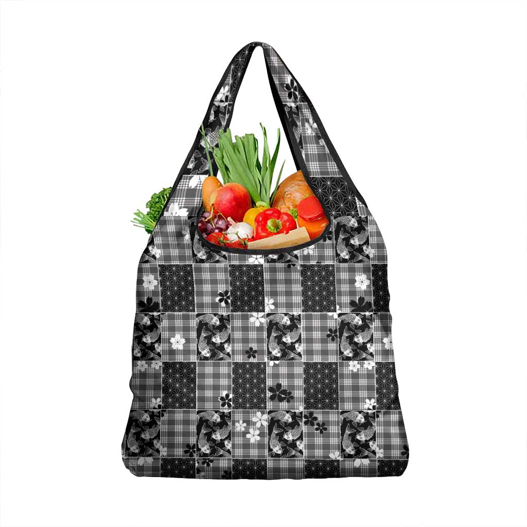 Black Palaka Japanese Patterns Grocery Bag Koi Fish Asanoha Sakura Patchwork Stylized LT14 1-pack One Size Black - Polynesian Pride