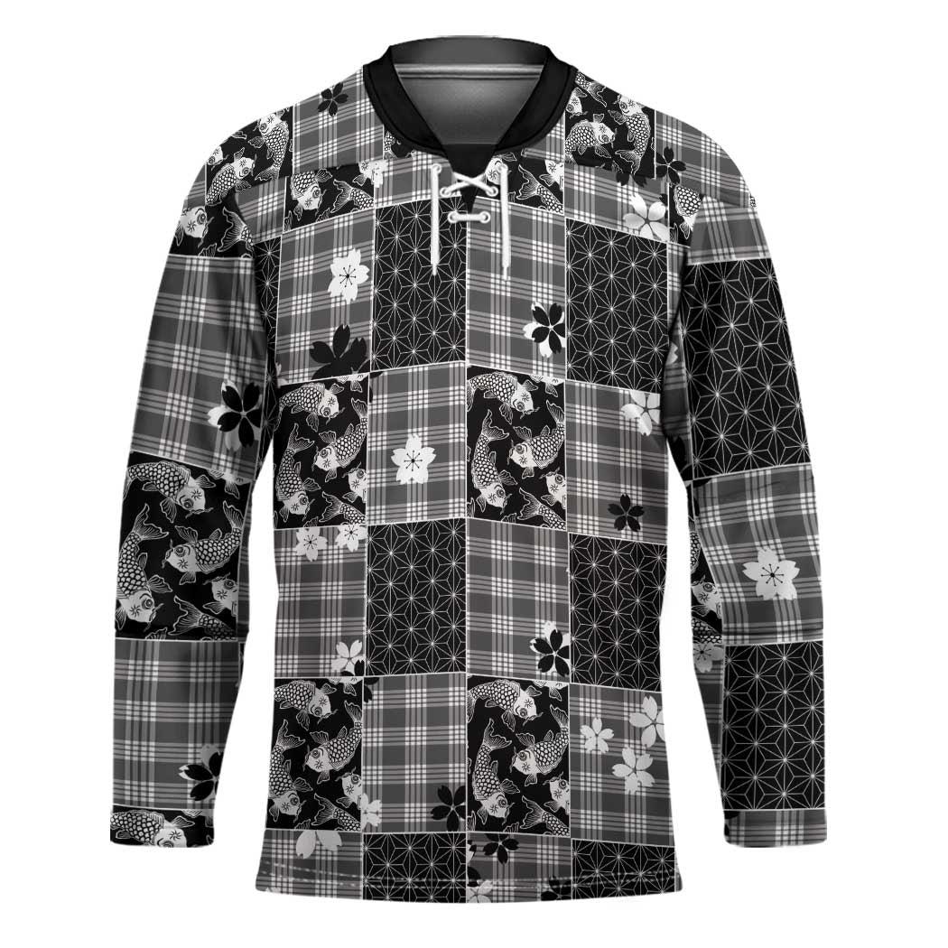 Black Palaka Japanese Patterns Hockey Jersey Koi Fish Asanoha Sakura Patchwork Stylized - Polynesian Pride
