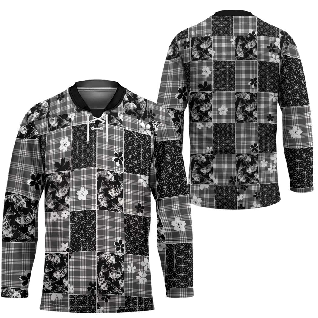 Black Palaka Japanese Patterns Hockey Jersey Koi Fish Asanoha Sakura Patchwork Stylized - Polynesian Pride