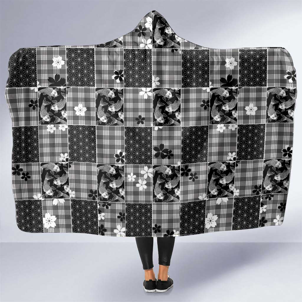 Black Palaka Japanese Patterns Hooded Blanket Koi Fish Asanoha Sakura Patchwork Stylized - Polynesian Pride