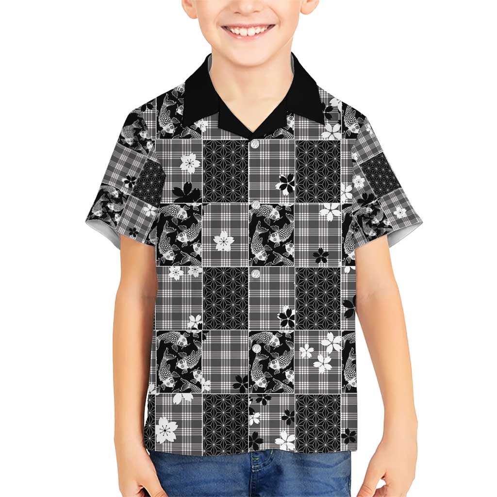 Black Palaka Japanese Patterns Kid Hawaiian Shirt Koi Fish Asanoha Sakura Patchwork Stylized - Polynesian Pride