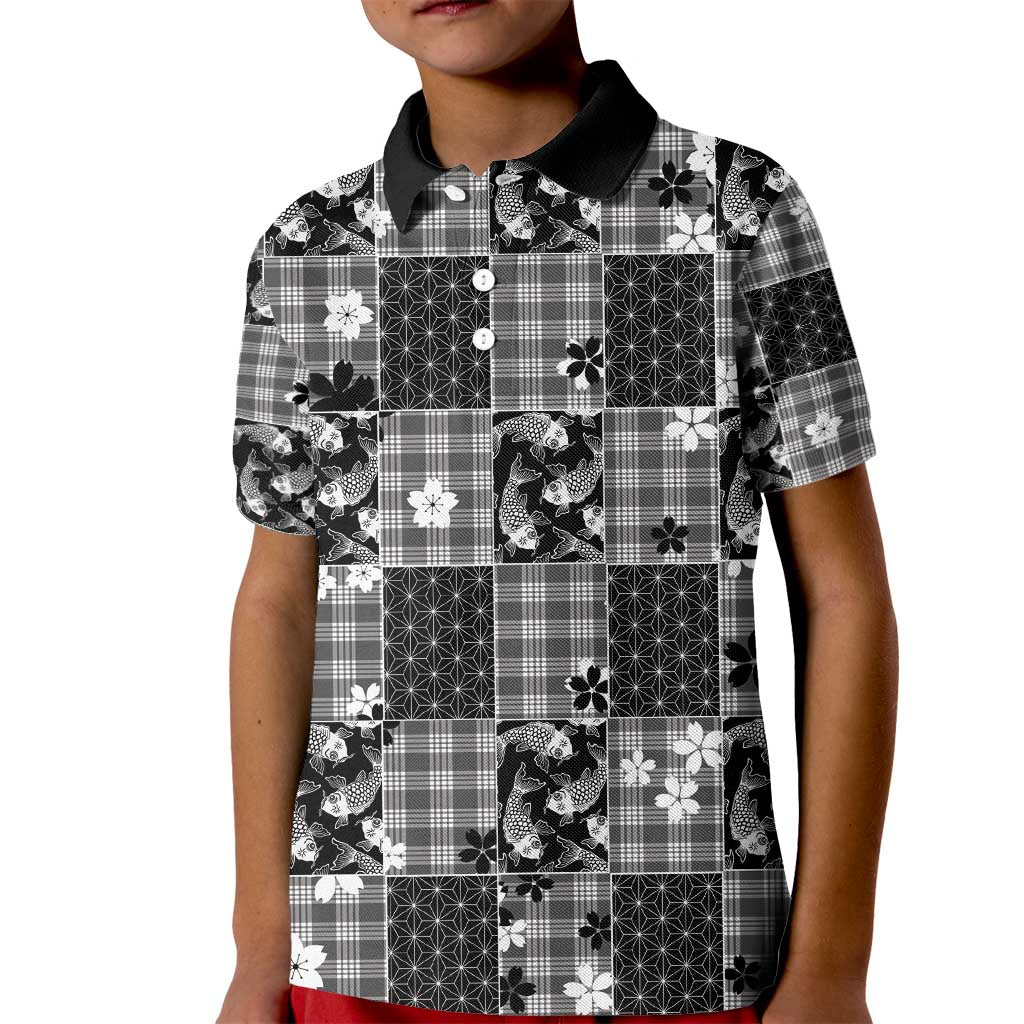 Black Palaka Japanese Patterns Kid Polo Shirt Koi Fish Asanoha Sakura Patchwork Stylized - Polynesian Pride