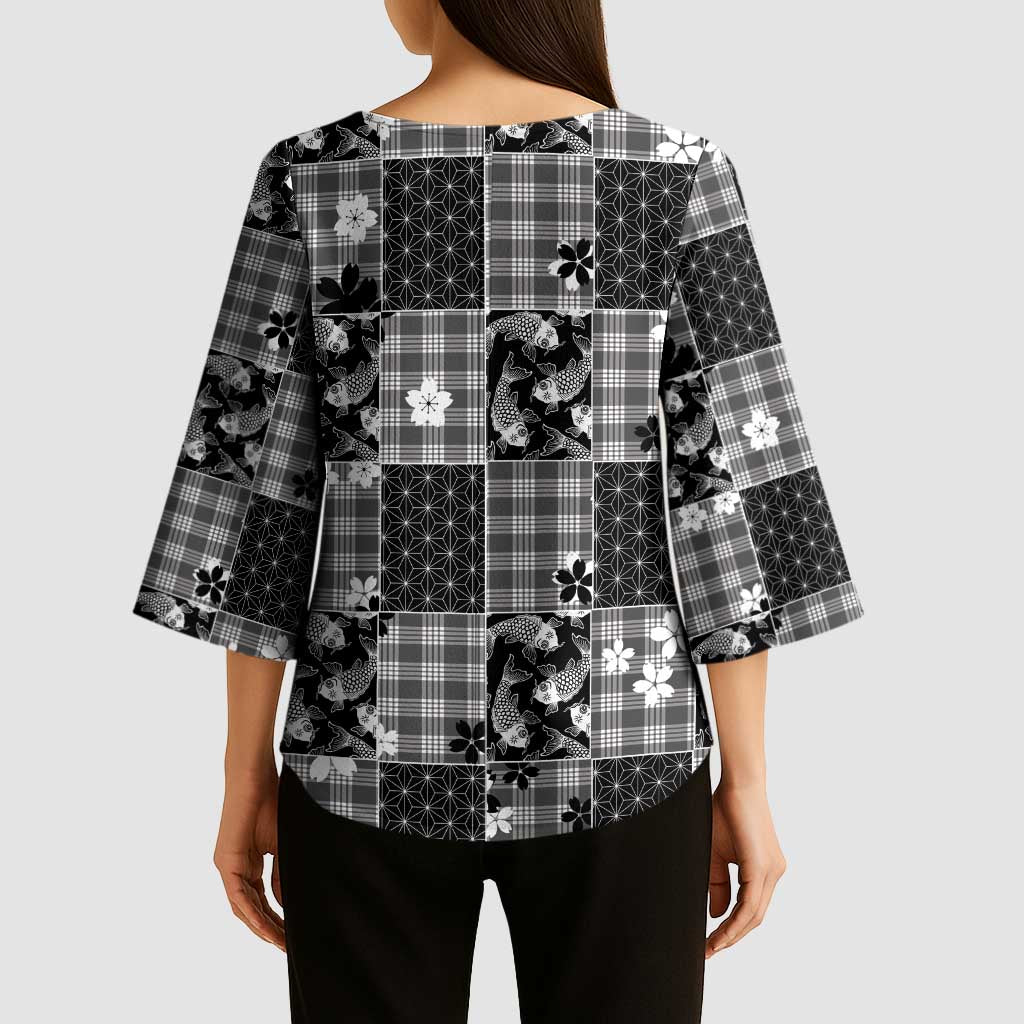 Black Palaka Japanese Patterns Kimono Sleeve Blouse Koi Fish Asanoha Sakura Patchwork Stylized - Polynesian Pride