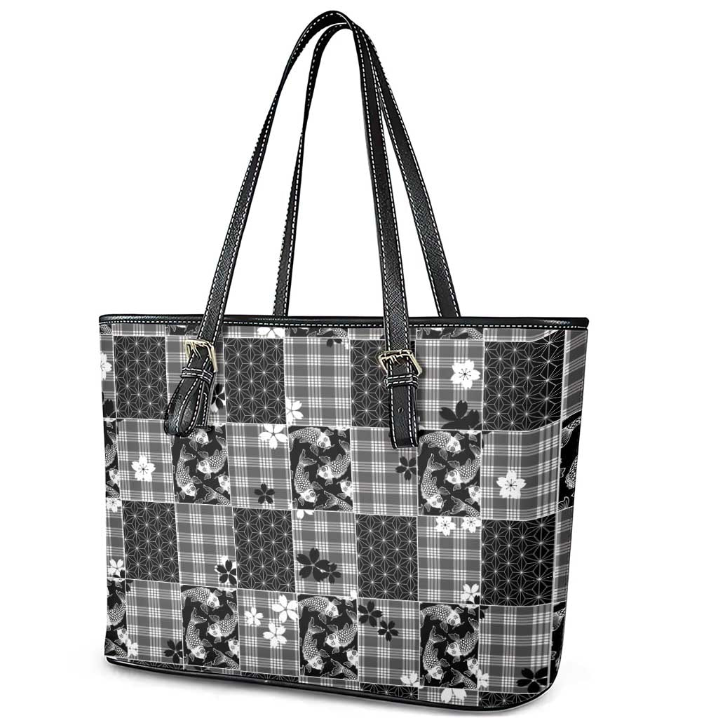 Black Palaka Japanese Patterns Leather Tote Bag Koi Fish Asanoha Sakura Patchwork Stylized - Polynesian Pride