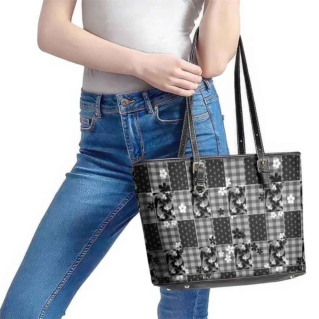 Black Palaka Japanese Patterns Leather Tote Bag Koi Fish Asanoha Sakura Patchwork Stylized - Polynesian Pride