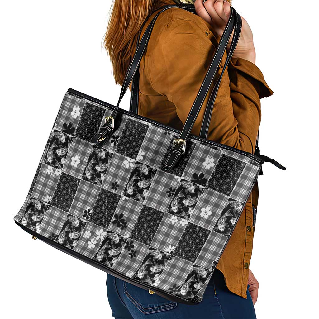 Black Palaka Japanese Patterns Leather Tote Bag Koi Fish Asanoha Sakura Patchwork Stylized - Polynesian Pride