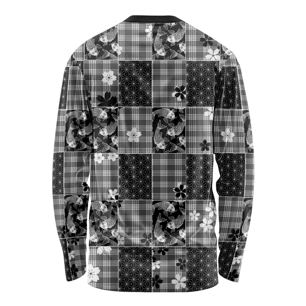 Black Palaka Japanese Patterns Long Sleeve Shirt Koi Fish Asanoha Sakura Patchwork Stylized LT14 - Polynesian Pride