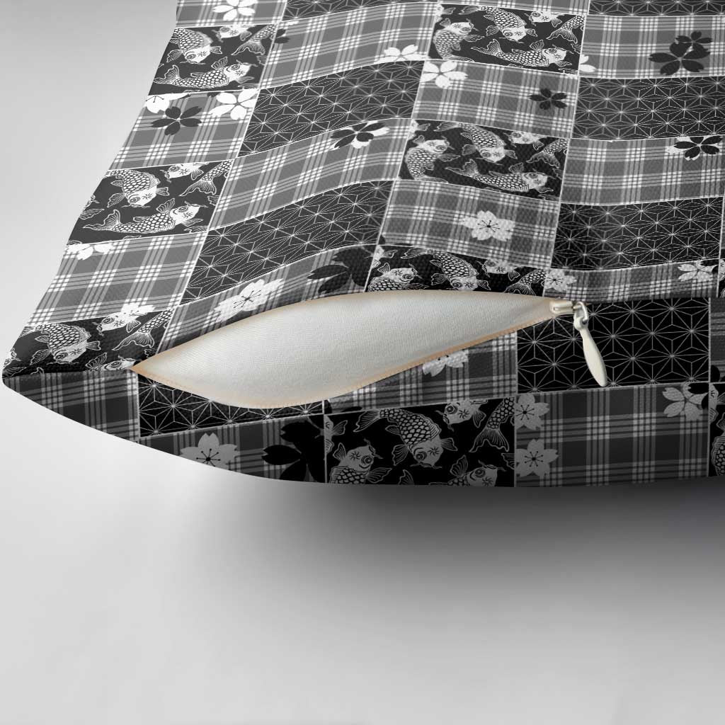 Black Palaka Japanese Patterns Pillow Cover Koi Fish Asanoha Sakura Patchwork Stylized - Polynesian Pride