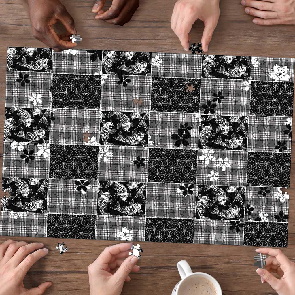 Black Palaka Japanese Patterns Puzzle Koi Fish Asanoha Sakura Patchwork Stylized - Polynesian Pride