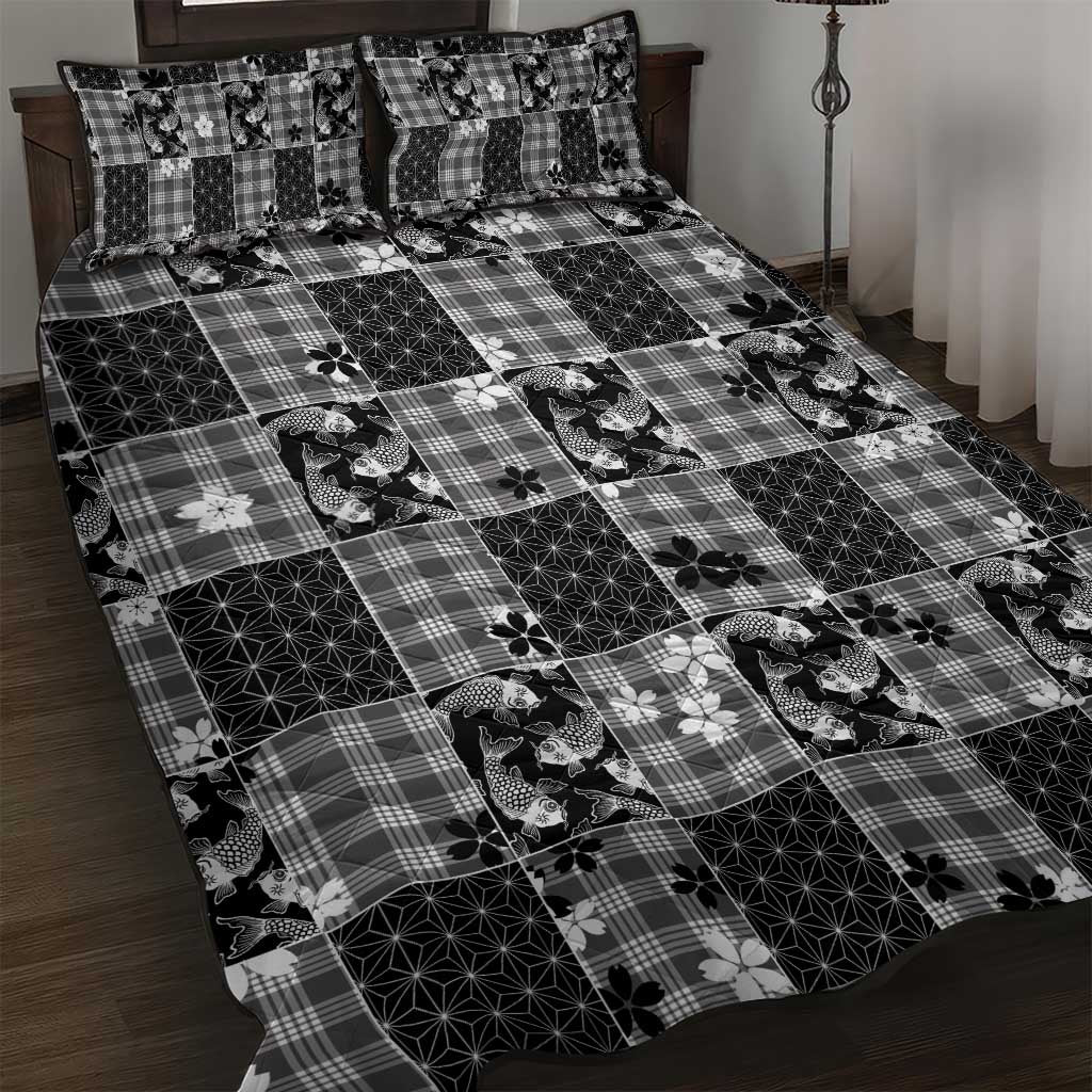 Black Palaka Japanese Patterns Quilt Bed Set Koi Fish Asanoha Sakura Patchwork Stylized LT14 Black - Polynesian Pride